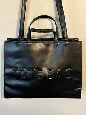 Black Structured Tote Bag Large Embossed “TOTE BAG” Satchel Shoulder Purse Minim
